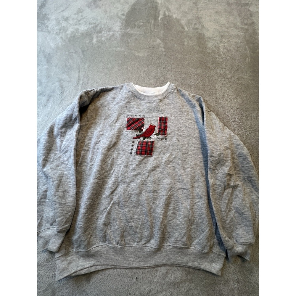 VTG Bold Spirit Sweatshirt Womens S Gray Cardinal Plaid Embroidered USA